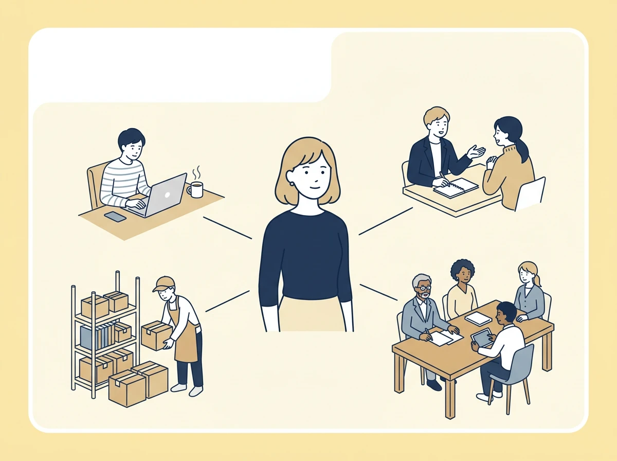 一人の女性を中心に、在宅の仕事・対話・グループ活動など社会への関わり方が線でつながり、その人に合った形で社会に参加できることを表したイラスト