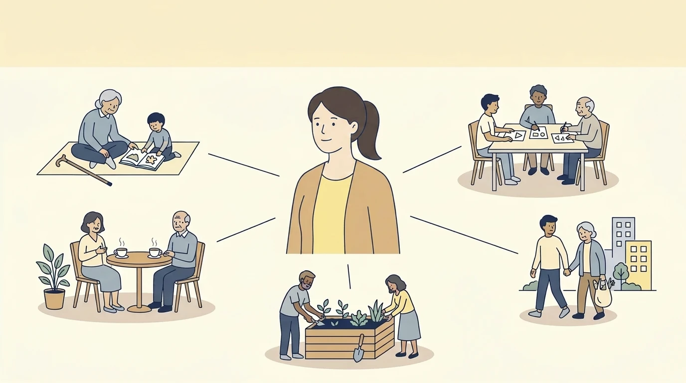 一人の女性を中心に、高齢者と子どもの読み聞かせ、世代を超えた団らん、学びの輪、地域の見守り、共同菜園といった場面が細い線でつながり、誰もが地域や社会の中でつながって暮らせることを表したイラスト
